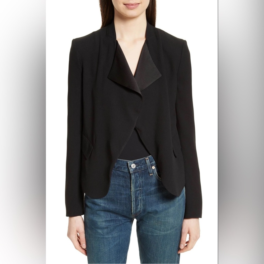 NWT $455 Theory Black Kensington Peplum Jacket Crepe Draped Women Blazer